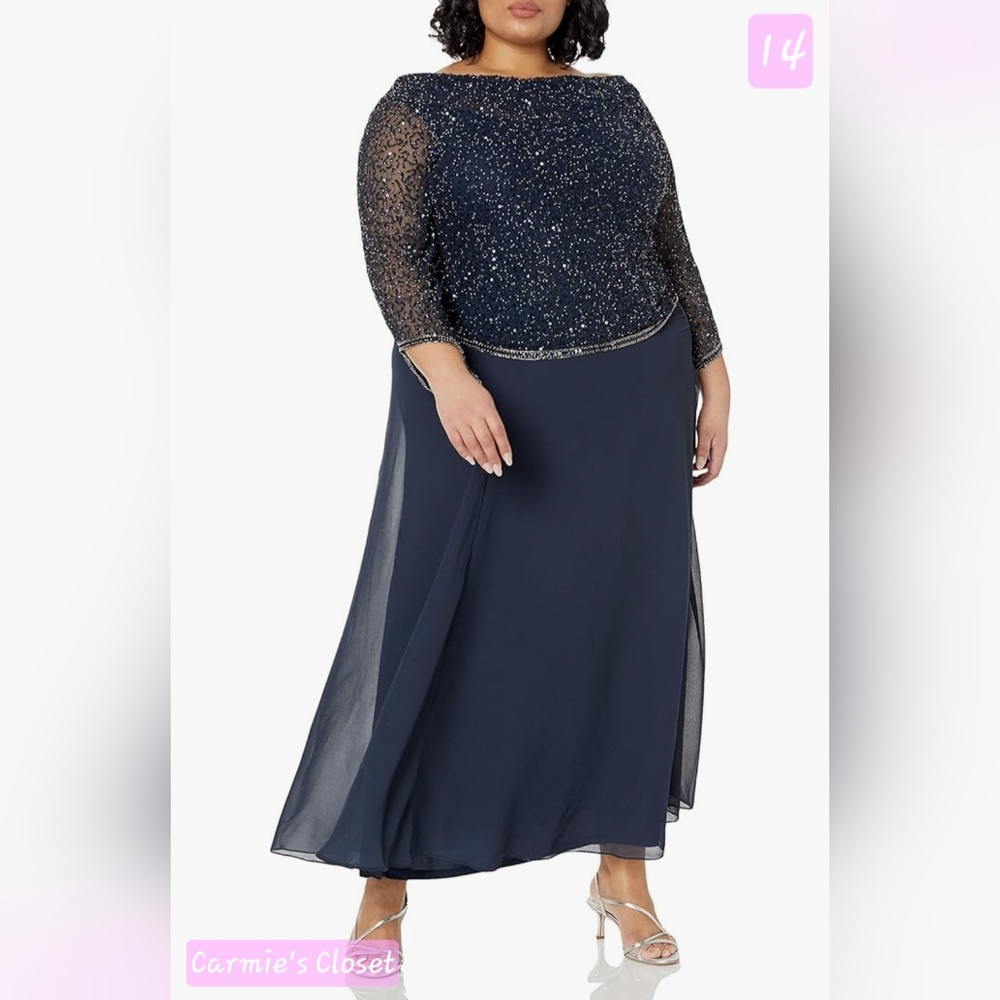 🔥NWT🔥OBO🔥 🟠 J Kara Women's 3/4 Sleeves Long Beaded Gown with Cowl Neck Sz 14